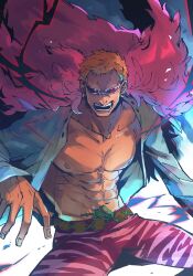 Rule 34 | 1boy, ahi tb, angry, blonde hair, donquixote doflamingo, earrings, electricity, feather trim, glowing, glowing eyes, grin, haki, highres, jewelry, long sleeves, looking at viewer, muscular, muscular male, one piece, open clothes, open shirt, pectorals, short hair, smile, solo, very short hair, white background