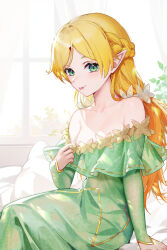 Rule 34 | 1girl, bare shoulders, blonde hair, blush, braid, breasts, cleavage, clothes pull, collarbone, dress, dress pull, elf, french braid, gem, green dress, green eyes, highres, isekai ojisan, long hair, long sleeves, parted bangs, peach luo, pointy ears, red gemstone, sitting, small breasts, solo, sparkle, sui (isekai ojisan), tongue, tongue out