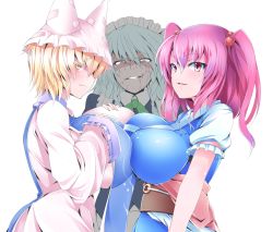 Rule 34 | &gt;:), 3girls, anger vein, animal hat, arm garter, asymmetrical docking, blonde hair, blue eyes, blush, braid, breast envy, breast press, breasts, buta (uhoiiotoko), clenched teeth, dress, drooling, frilled sleeves, frills, frown, green ribbon, hair bobbles, hair ornament, hat, huge breasts, izayoi sakuya, large breasts, long sleeves, looking at viewer, maid, maid headdress, mob cap, multiple girls, neck ribbon, obi, onozuka komachi, parted lips, mob cap, puffy short sleeves, puffy sleeves, red eyes, red hair, ribbon, sash, shaded face, short hair, short sleeves, silver hair, smile, tabard, teeth, touhou, twin braids, twintails, two side up, upper body, v-shaped eyebrows, white background, white dress, wide sleeves, yakumo ran, yellow eyes