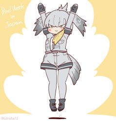 Rule 34 | 1girl, :&gt;, black gloves, black hair, blush, closed mouth, collared shirt, coroha, fingerless gloves, gloves, grey hair, grey shirt, hair between eyes, head wings, jumping, kemono friends, kemono friends 3, long hair, multicolored hair, necktie, shirt, shoebill (kemono friends), short sleeves, shorts, sidelocks, solo, tail, wings