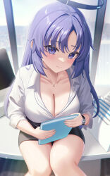 Rule 34 | 1girl, absurdres, alternate costume, bare legs, black skirt, blue archive, blush, breasts, cleavage, collarbone, commentary, feet out of frame, halo, highres, large breasts, light smile, looking at viewer, miniskirt, office lady, open collar, pencil skirt, purple eyes, purple hair, shirt, sitting, skirt, solo, subob (subobdesu), watch, white shirt, wristwatch, yuuka (blue archive)