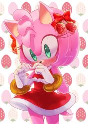 Rule 34 | 1girl, amy rose, animal ears, artist name, bare shoulders, blush, bow, bracelet, breasts, closed mouth, commentary request, dress, eyelashes, food, fruit, furry, furry female, gloves, gold bracelet, green eyes, hands up, heart, heart hands, hedgehog ears, hedgehog girl, hedgehog tail, highres, jewelry, konjiki ringo, looking away, medium breasts, pink fur, red bow, red dress, sleeveless, sleeveless dress, solo, sonic (series), standing, strawberry, strawberry background, tail, white background, white gloves