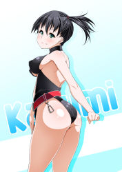 Rule 34 | 1girl, alternate hair color, ass, back, bad proportions, bare shoulders, belt, black hair, bodysuit, breasts, character name, covered erect nipples, creatures (company), diving suit, game freak, green eyes, gym leader, highres, looking at viewer, looking back, misty (pokemon), nintendo, one-piece swimsuit, pokemon, pokemon: the electric tale of pikachu, ponytail, puffy nipples, satsuki imonet, short hair, side ponytail, sideboob, smile, solo, swimsuit, wet, wetsuit