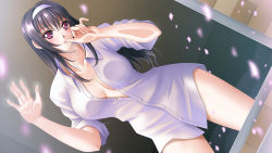 Rule 34 | 1girl, against glass, ayuse masahiko, bed, black hair, blush, breast press, breasts, breasts on glass, cherry blossoms, cleavage, dress shirt, female focus, hairband, hand to own mouth, highres, kasumigaoka utaha, large breasts, long hair, looking at viewer, no bra, open clothes, open mouth, open shirt, petals, red eyes, saenai heroine no sodatekata, shirt, solo, window