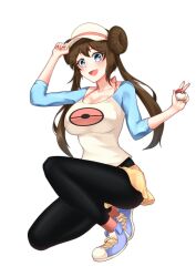 Rule 34 | 1girl, :d, absurdres, black pantyhose, blue eyes, blue footwear, blush, breasts, brown hair, cleavage, commentary request, creatures (company), double bun, doughnut hair bun, full body, game freak, hair bun, highres, holding, holding poke ball, large breasts, leo23, long hair, nintendo, open mouth, pantyhose, pantyhose under shorts, poke ball, poke ball (basic), pokemon, pokemon bw2, raglan sleeves, rosa (pokemon), shoes, short shorts, shorts, smile, sneakers, solo, tongue, twintails, visor cap, yellow shorts