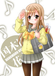 Rule 34 | 1girl, artist name, artist request, bag, black pantyhose, blush, bow, bowtie, bread, breasts, brown eyes, brown hair, buttons, cardigan, collarbone, eyebrows, female focus, food, grey sailor collar, grey skirt, hair between eyes, holding, holding bag, kahoaiu, kunikida hanamaru, layered skirt, light brown hair, long hair, long sleeves, looking at viewer, love live!, love live! sunshine!!, medium breasts, miniskirt, musical note, orange bow, pantyhose, parted lips, plaid, plaid skirt, pleated, pleated skirt, sailor collar, salute, school bag, school uniform, skirt, sleeves past wrists, smile, solo, sweater, uranohoshi school uniform, white background, yellow cardigan, yellow eyes, yellow sweater