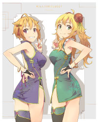 Rule 34 | 2girls, ahoge, back cutout, blonde hair, bow, bracelet, bridal gauntlets, bun cover, china dress, chinese clothes, clothing cutout, commentary request, double bun, dress, green bow, green eyes, grin, hair flaps, highres, hoshii miki, ibuki tsubasa, idolmaster, idolmaster (classic), idolmaster million live!, jewelry, long hair, looking back, multiple girls, \n/, orange hair, panty straps, purple eyes, short hair, side slit, single thighhigh, smile, thighhighs, twintails, w, yellow bow, yoshito