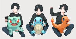 Rule 34 | 1boy, :i, arm up, black hair, black shirt, bulbasaur, charmander, commentary request, controller, creatures (company), fangs, fire, flame-tipped tail, game freak, gen 1 pokemon, grey eyes, highres, holding, holding pokemon, holding remote control, long sleeves, looking at viewer, looking up, male focus, multiple views, newo (shinra-p), nintendo, on lap, open mouth, pants, pokemon, pokemon (creature), pokemon on lap, red eyes, remote control, shirt, short hair, sitting, smile, spread legs, squirtle, starter pokemon trio, tongue, wavy mouth