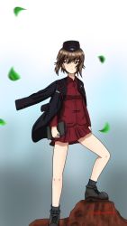 Rule 34 | 1girl, artist name, black footwear, black hat, black jacket, black socks, brown eyes, brown hair, clipboard, closed mouth, commentary, cross-laced footwear, dress shirt, foot up, garrison cap, girls und panzer, hat, highres, holding, holding clipboard, insignia, jacket, jacket on shoulders, kuromorimine military uniform, leaf, light frown, long sleeves, looking at viewer, military, military hat, military uniform, miniskirt, motion blur, nishizumi maho, one-hour drawing challenge, pleated skirt, red shirt, red skirt, redbaron, rock, shirt, shoes, short hair, signature, skirt, socks, solo, standing, twitter username, uniform, wind, wing collar