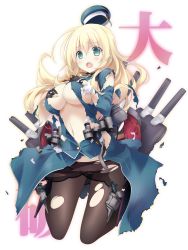 Rule 34 | 10s, 1girl, atago (kancolle), black gloves, blonde hair, blue eyes, blush, breasts, covering privates, covering breasts, female focus, flame sakana, gloves, hat, highres, kantai collection, large breasts, long hair, military, military uniform, no bra, open mouth, panties, panties under pantyhose, pantyhose, sakana (flame sakana), solo, torn clothes, torn pantyhose, underwear, uniform