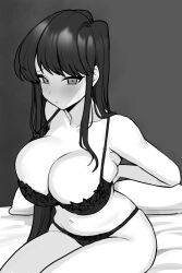 Rule 34 | 1girl, bare arms, bare shoulders, bed sheet, blush, breasts, cleavage, closed mouth, collarbone, grey background, greyscale, highres, jorin, komi-san wa komyushou desu, komi shouko, large breasts, long hair, looking at viewer, monochrome, navel, on bed, pillow, simple background, sitting, solo, undersized clothes, underwear, underwear only, very long hair