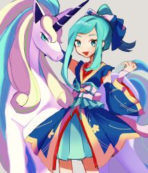 Rule 34 | 1girl, :d, arm up, blue ribbon, commentary request, creatures (company), detached sleeves, eyelashes, galarian form, galarian rapidash, game freak, gen 8 pokemon, green eyes, green hair, grey background, hair ribbon, hand up, highres, japanese clothes, kimono, lisia (new year&#039;s 2023) (pokemon), lisia (pokemon), nintendo, official alternate costume, open mouth, pokemon, pokemon (creature), pokemon masters ex, ribbon, sash, sidelocks, smile, ukocome