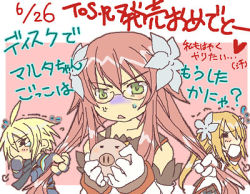 Rule 34 | anger vein, angry, blonde hair, cosplay, crossdressing, emil castagnier, flower, glasses, hair flower, hair ornament, laughing, lowres, marta lualdi, pig, red hair, richter abend, tales of (series), tales of symphonia, tales of symphonia: dawn of the new world, translation request, trap