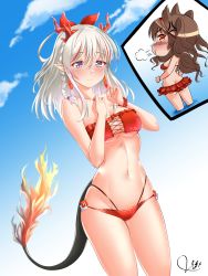 Rule 34 | 2girls, angelina (arknights), anger vein, arknights, bandeau, bare arms, bare shoulders, bikini, blue sky, braid, breasts, brown hair, chibi, cloud, commentary, cowboy shot, cross-laced clothes, day, groin, hair between eyes, hair ribbon, hands up, highres, horns, kuro neko 7, long hair, medium breasts, multicolored hair, multiple girls, navel, nian (arknights), outdoors, pointy ears, purple eyes, red bikini, red hair, red ribbon, ribbon, silver hair, sky, standing, stomach, strapless, strapless bikini, streaked hair, swimsuit, tail, thighs