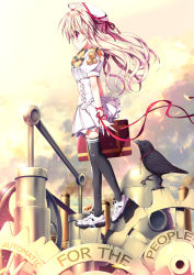 Rule 34 | 1girl, bird, black thighhighs, blonde hair, blush, crow, english text, gears, hat, key, long hair, looking away, machinery, original, puffy short sleeves, puffy sleeves, red eyes, red ribbon, ribbon, shimesaba kohada, shoes, short sleeves, sneakers, solo, text focus, thighhighs, white hat