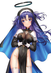 Rule 34 | 1girl, alternate costume, black gloves, blue archive, breasts, cleavage, commentary request, cross, cross necklace, gloves, groin, habit, halo, highres, interlocked fingers, jewelry, large breasts, long hair, long sleeves, looking at viewer, medium breasts, necklace, nun, own hands clasped, own hands together, parted bangs, pelvic curtain, praying, purple eyes, purple hair, side slit, sidelocks, simple background, solo, tako seijin, triangle hair ornament, white background, yuuka (blue archive)