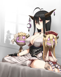 Rule 34 | 10s, 1girl, antenna hair, bandages, bandaged arm, bed, black gloves, black hair, blush, breasts, cleavage, crescent, danua, draph, dress, fingerless gloves, gloves, granblue fantasy, hair between eyes, horn ornament, horns, jewelry, kamata yuuya, large breasts, long hair, looking at viewer, necklace, pointy ears, red eyes, sitting, solo, stuffed toy, wariza, white dress