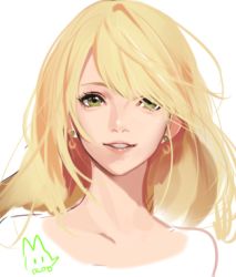 Rule 34 | 1girl, artist name, bad id, bad twitter id, blonde hair, commentary request, earrings, green eyes, grin, hair over one eye, hoshii miki, idolmaster, idolmaster (classic), jewelry, korean text, lips, lowres, portrait, rod (rod4817), simple background, smile, solo, white background