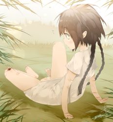 Rule 34 | bandaid, bandaid on pussy, barefoot, blush, bottomless, braid, brown hair, exhibitionism, feet, green eyes, highres, ponytail, public indecency, shikinyan, short hair, source request, twin braids