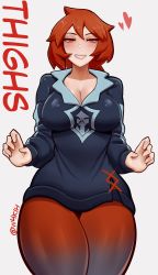 Rule 34 | 1girl, absurdres, arezu (pokemon), blush, breasts, cleavage, creatures (company), game freak, grin, highres, large breasts, lips, looking at viewer, nintendo, pantyhose, pantyhose under shorts, parted lips, pokemon, pokemon legends: arceus, red eyes, red hair, red pantyhose, short hair, shorts, smile, solo, teeth, thick thighs, thighs, twitter username, waki (w4kih)