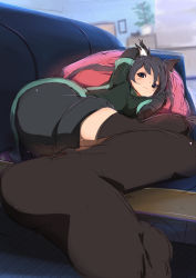 Rule 34 | 1girl, animal ears, arms behind head, ass, black hair, black thighhighs, blush, cat ears, couch, feet, foot focus, foreshortening, k-on!, legs, long hair, lying, nakano azusa, photo (object), pillow, plant, shorts, sketch, solo, sora to umi, thighhighs, twintails