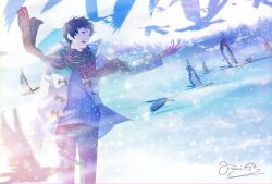 Rule 34 | 1boy, arm up, backlighting, bird, black hair, cloud, coat, commentary, fusui, goose, lens flare, looking to the side, male focus, open mouth, original, plaid, plaid scarf, scarf, short hair, signature, silhouette, sky, smile, snow, snowing, sunlight, sweater, wind, winter, winter clothes