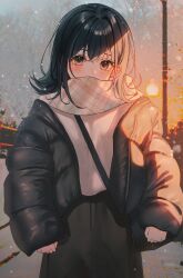Rule 34 | 1girl, bag, black bag, black coat, black eyes, black hair, black pants, blurry, blurry background, blush, carrying bag, clenched hand, coat, covered face, cowboy shot, crossed bangs, culottes, dot nose, facing viewer, grey eyes, handbag, highres, lium, long sleeves, looking at viewer, open clothes, open coat, original, outdoors, pants, plaid, plaid scarf, scarf, shirt, short hair, sidelocks, solo, standing, white scarf, white shirt