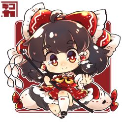 Rule 34 | ascot, black footwear, bow, brown hair, chibi, collared shirt, detached sleeves, dnk, frilled bow, frilled hair tubes, frilled shirt collar, frilled skirt, frills, gohei, hair bow, hair tubes, hakurei reimu, highres, kneehighs, long hair, red bow, red eyes, red shirt, red skirt, red vest, ribbon-trimmed sleeves, ribbon trim, shirt, shoes, skirt, skirt set, sleeveless, sleeveless shirt, socks, touhou, vest, white sleeves, wide sleeves, yellow ascot