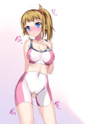 Rule 34 | 10s, 1girl, bike shorts, blue eyes, blush, breasts, brown hair, cameltoe, collarbone, copyright name, covered erect nipples, covered navel, covering privates, covering crotch, cowboy shot, gundam, gundam build fighters, gundam build fighters try, hand on own chest, heavy breathing, highres, hoshino fumina, large breasts, navel, ponytail, reach-around, rei (rei&#039;s room), short hair, solo, sports bra, sweat, trembling, two-tone sports bra