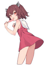 Rule 34 | 1girl, ass, blush, brown hair, cropped legs, dress, food, hair between eyes, headgear, highres, holding, holding food, looking at viewer, open mouth, popsicle, red dress, red eyes, short hair, simple background, sleeveless, sleeveless dress, solo, tongue, tongue out, touhoku kiritan, voiceroid, white background, yamamomo (plank)