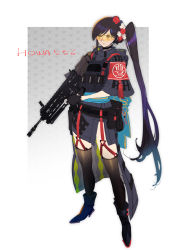 Rule 34 | 1girl, ankle boots, armband, assault rifle, belt, belt pouch, black thighhighs, boots, bulletproof vest, character name, closed mouth, commentary, flower, goggles, grey skirt, gun, hair flower, hair ornament, high heels, highres, holding, holding gun, holding weapon, howa, howa type 20, long hair, mole, mole under mouth, orange goggles, original, pouch, purple hair, red flower, rifle, ryota-h, skirt, solo, standing, tassel, thighhighs, very long hair, weapon, wide sleeves