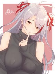 Rule 34 | 1girl, alternate costume, antenna hair, armpit crease, azur lane, bad id, bad pixiv id, bare shoulders, black sweater, blush, breasts, brown eyes, clothing cutout, commentary request, covered erect nipples, dutch angle, finger to mouth, hair ribbon, highres, index finger raised, large breasts, looking at viewer, multicolored hair, prinz eugen (azur lane), purple background, ramchi, red hair, red ribbon, ribbon, shoulder cutout, silver hair, solo, straight hair, streaked hair, sweater, swept bangs, turtleneck, turtleneck sweater, two side up, upper body