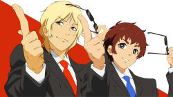 Rule 34 | 2boys, amuro ray, artist request, blonde hair, brown hair, char aznable, formal, gundam, mobile suit gundam, multiple boys, suit, sunglasses, sunglasses removed