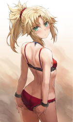 Rule 34 | 1girl, ass, blonde hair, blush, bra, braid, breasts, butt crack, fate/apocrypha, fate (series), female focus, french braid, green eyes, highres, long hair, looking at viewer, mordred (fate), mordred (fate/apocrypha), panties, parted bangs, ponytail, red bra, red panties, red scrunchie, revision, scrunchie, sidelocks, small breasts, solo, tonee, underwear, upper body