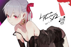 Rule 34 | 1girl, all fours, artist name, bare shoulders, black dress, black panties, blush, breasts, collarbone, commentary, detached sleeves, dress, earrings, fate/grand order, fate (series), feet out of frame, hair between eyes, hair ribbon, jewelry, kama (fate), looking at viewer, medium breasts, panties, red eyes, ribbon, salmon88, short hair, silver hair, simple background, smile, solo, underwear, white background