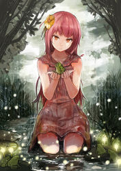 Rule 34 | 1girl, animal, canking, cupping hands, dress, flower, frog, grass, hair flower, hair ornament, holding, kneeling, long hair, orange eyes, original, own hands together, rain, red hair, sleeveless, solo, tree, water, wet, wet clothes