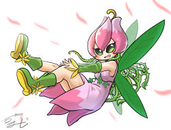 Rule 34 | 1girl, boots, chamaji, commentary request, detached sleeves, digimon, digimon (creature), digimon adventure, dress, flower hat, flying, green footwear, green sleeves, hair vines, highres, leaf, leaf wings, lilimon, long hair, looking at viewer, multicolored clothes, multicolored dress, nail polish, pink dress, plant, signature, smile, solo, thorns, vines, white background, wings