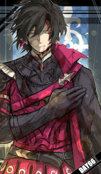 Rule 34 | 1boy, armor, belt, belt buckle, black belt, black cape, black gloves, black hair, blood, blood from mouth, blood on clothes, blood on face, buckle, cape, closed eyes, constantine xi (fate), earrings, english text, facing viewer, fate/grand order, fate (series), flag, gloves, hair between eyes, hand on own chest, highres, jewelry, kankan33333, lens flare, light smile, male focus, outline, red armor, red belt, shaded face, short hair, shoulder belt, side cape, solo, straight-on, torn cape, torn clothes, two-sided fabric, upper body, white outline