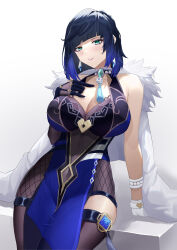 Rule 34 | 1girl, absurdres, arm support, asymmetrical gloves, bare shoulders, black bodysuit, black gloves, black hair, blue dress, blue hair, bob cut, bodysuit, breasts, choker, cleavage, covered navel, diagonal bangs, dice, dress, earrings, fishnets, fur-trimmed jacket, fur trim, gem, genshin impact, gloves, gradient hair, green eyes, hand on own chest, highres, hip vent, jacket, jewelry, large breasts, leaning, looking at viewer, mismatched gloves, multicolored hair, parted lips, pelvic curtain, short hair, solo, tassel, two-tone hair, vision (genshin impact), white gloves, white jacket, wide hips, xiiinaam 98, yelan (genshin impact)