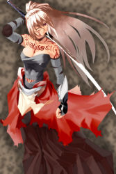 Rule 34 | 1girl, alternate color, bandages, bare shoulders, blade, bodypaint, breasts, choker, cleavage, collarbone, elbow gloves, eyebrows, fingerless gloves, gloves, katana, large breasts, long hair, navel, one eye closed, original, ponytail, purple eyes, red eyes, sarashi, solo, sun-3, sword, tattoo, torn clothes, weapon, white hair, wink