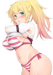 Rule 34 | 1girl, aqua eyes, arm strap, bikini, blonde hair, blush, breasts, clothes lift, covered erect nipples, honda naoki, large breasts, lifting own clothes, long hair, long sleeves, looking at viewer, nose blush, original, ponytail, puffy long sleeves, puffy sleeves, shirt, shirt lift, side-tie bikini bottom, solo, stomach, striped bikini, striped clothes, swimsuit, undressing, wet, white shirt