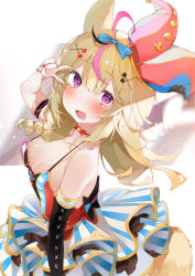 Rule 34 | 1girl, absurdres, ahoge, animal ears, asymmetrical sleeves, bare shoulders, blonde hair, blue bow, blue nails, blush, bodice, bow, breasts, choker, cleavage, commentary, fox ears, fox girl, fox tail, frilled skirt, frills, from above, hair bow, hat, heart, heart-shaped pupils, highres, hololive, jester cap, looking at viewer, medium breasts, medium hair, multicolored nails, nail art, nail polish, omaru polka, omaru polka (1st costume), open mouth, purple eyes, red nails, shin no tenpii, simple background, single sleeve, skirt, smile, solo, standing, striped clothes, striped skirt, symbol-shaped pupils, tail, uneven sleeves, v, virtual youtuber, white background