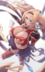 Rule 34 | 1girl, blonde hair, braid, breasts, cleavage, cleavage cutout, clothing cutout, french braid, from above, granblue fantasy, highres, looking at viewer, midriff, navel, saltisan, smile, solo, thighhighs, white background, zeta (granblue fantasy), zettai ryouiki