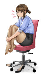 Rule 34 | 1girl, absurdres, black footwear, black skirt, blouse, blue shirt, blush, brown eyes, brown hair, brown pantyhose, chair, closed mouth, collared shirt, commentary request, douki-chan (douki-chan), earrings, full body, ganbare douki-chan, high heels, highres, hugging own legs, jewelry, knees up, lost one zero, miniskirt, office chair, office lady, pantyhose, pencil skirt, pout, see-through, see-through legwear, shirt, shoes, unworn shoes, short hair, short ponytail, short sleeves, simple background, skirt, solo, swivel chair, v-shaped eyebrows, white background