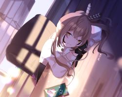 Rule 34 | 1girl, brown corset, brown hair, cellphone, chair, corset, desk, earbuds, earphones, feather hair ornament, feathers, gloves, hair ornament, head on table, highres, hololive, hololive english, lens flare, long hair, looking at viewer, miya (ikanyaide), multicolored hair, nanashi mumei, office, office chair, phone, ponytail, resting, shirt, smartphone, smile, solo, streaked hair, swivel chair, table, very long hair, virtual youtuber, white shirt, window, window blinds, window shadow, wooden table, yellow eyes