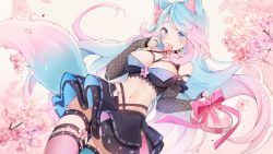 Rule 34 | 1girl, animal ears, artist name, asymmetrical legwear, bare shoulders, black skirt, blue eyes, blue hair, blue skirt, blue tail, blue thighhighs, blush, box, breasts, cherry blossoms, choker, crop top, detached sleeves, fingernails, fishnet sleeves, fishnets, flower, flower choker, fox ears, fox girl, fox tail, garter straps, gift, gift box, gradient hair, gradient skirt, gradient tail, hair flower, hair ornament, heart-shaped box, highres, holding, holding gift, layered skirt, long hair, long sleeves, looking at viewer, medium breasts, midriff, mismatched legwear, multicolored clothes, multicolored hair, multicolored skirt, multicolored tail, nail polish, navel, parted bangs, petals, pink hair, pink ribbon, pink skirt, pink tail, pink thighhighs, ribbon, sidelocks, silvervale, silvervale (4th costume), skirt, solo, tail, thighhighs, two-sided fabric, two-sided skirt, valentine, very long fingernails, very long hair, virtual youtuber, vshojo, yennineii