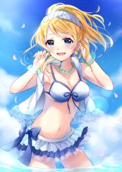 Rule 34 | 10s, 1girl, :d, aqua nails, ayase eli, bangle, bare shoulders, bead necklace, beads, bikini, bikini skirt, bikini under clothes, blonde hair, blue bikini, blue eyes, blush, bow, bracelet, breasts, cleavage, cloud, condensation, contrapposto, cowboy shot, day, earrings, fingernails, frills, front-tie bikini top, front-tie top, hair ribbon, hands up, head scarf, hood, hood down, hoodie, jewelry, lens flare, long hair, looking at viewer, love live!, love live! school idol project, nail polish, natsuiro egao de 1 2 jump!, navel, necklace, open clothes, open mouth, open shirt, outdoors, pearl necklace, petals, ribbon, sakura hiyori, scrunchie, shirt, sky, sleeveless, sleeveless hoodie, smile, solo, standing, star (symbol), star earrings, striped ribbon, sunlight, swept bangs, swimsuit, swimsuit under clothes, wading, water, wet