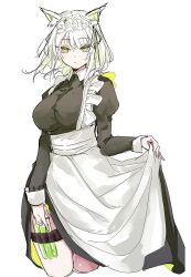 Rule 34 | 1girl, apron, arknights, black dress, breasts, cowboy shot, cropped legs, dress, green eyes, green hair, highres, kal&#039;tsit (arknights), large breasts, lifting own clothes, long sleeves, looking at viewer, maid, maid headdress, official alternate costume, short hair, simple background, sketch, solo, thigh strap, ub orca, white apron, white background