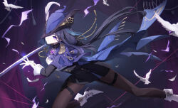 Rule 34 | 1girl, 606 haochuangshangren, ascot, black corset, blue ascot, blue cape, blue hair, blue headwear, button gap, cape, clorinde (genshin impact), corset, dark blue hair, dynamic pose, epaulettes, fighting stance, fold-over gloves, genshin impact, gloves, hat, hat feather, highres, holding, holding sword, holding weapon, incoming attack, iron sting (genshin impact), jewelry, legs, long hair, looking at viewer, low ponytail, pantyhose, purple ascot, purple eyes, shirt, sword, thigh focus, tricorne, vision (genshin impact), weapon, white gloves, white shirt