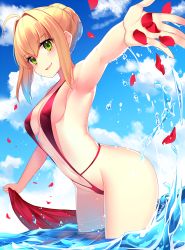 Rule 34 | 10s, 1girl, aestus estus, ahoge, armpits, bare arms, bare shoulders, blonde hair, breasts, cowboy shot, day, fate/extra, fate (series), from side, gendo0032, green eyes, groin, hair bun, large breasts, leaning forward, looking at viewer, nero claudius (fate), nero claudius (fate) (all), nero claudius (fate/extra), official alternate costume, one-piece swimsuit, outdoors, outstretched arm, partially submerged, petals, red one-piece swimsuit, revealing clothes, sideboob, sidelocks, single hair bun, sky, slingshot swimsuit, solo, standing, standing on liquid, swimsuit, thighs, wading